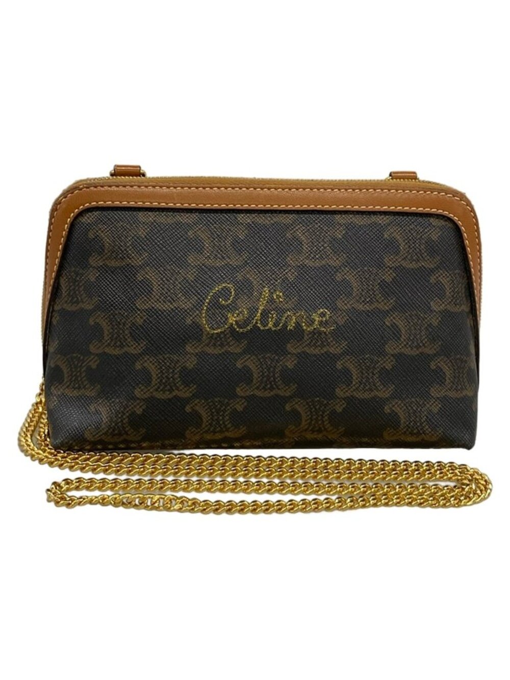Celine Shoulder Bag Chain Clutch Tan Embroidery Leather